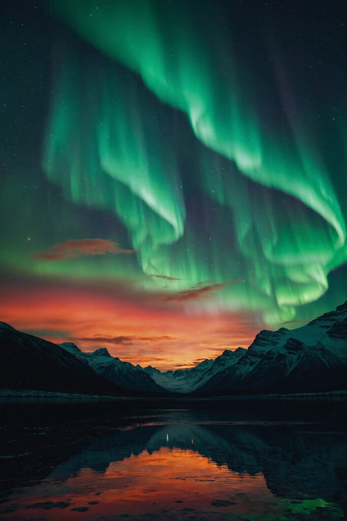 Green lights in the sky over mountains