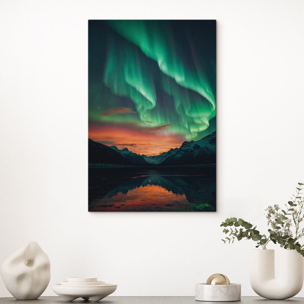 Green lights in the sky over mountains
