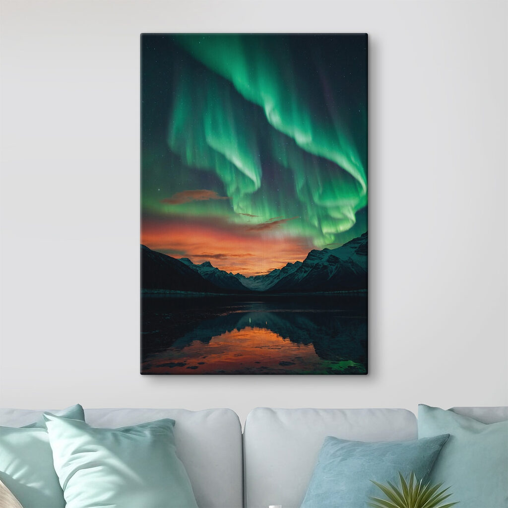 Green lights in the sky over mountains