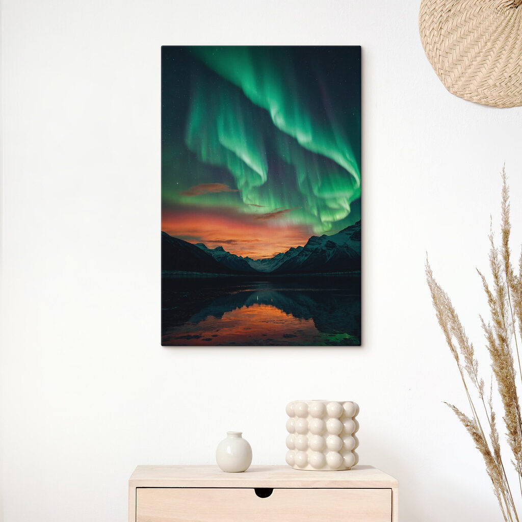 Green lights in the sky over mountains