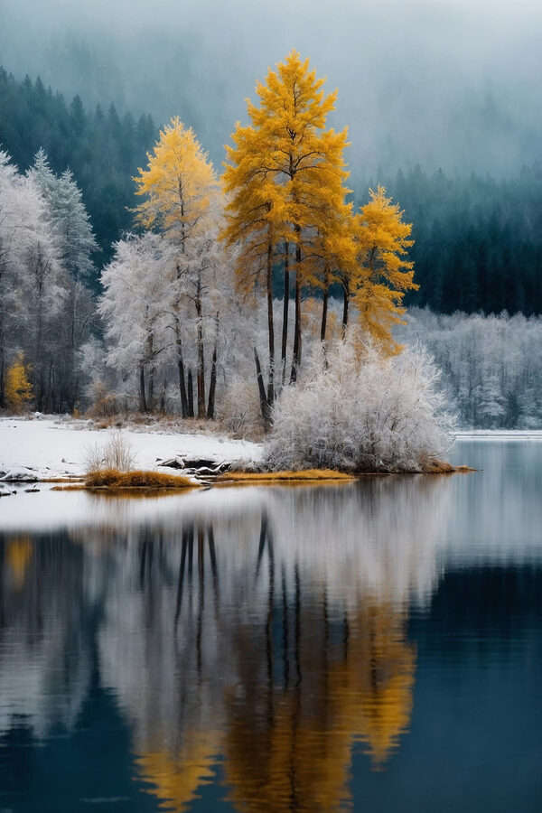 Lake with trees and snow Lake with trees and snow