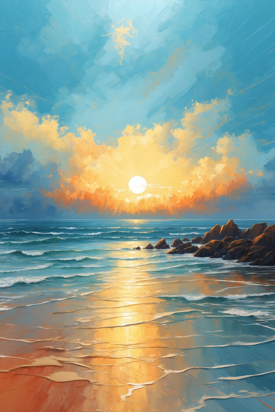 Gemälde eines Strandes mit Felsen und Wasser und der Sonne