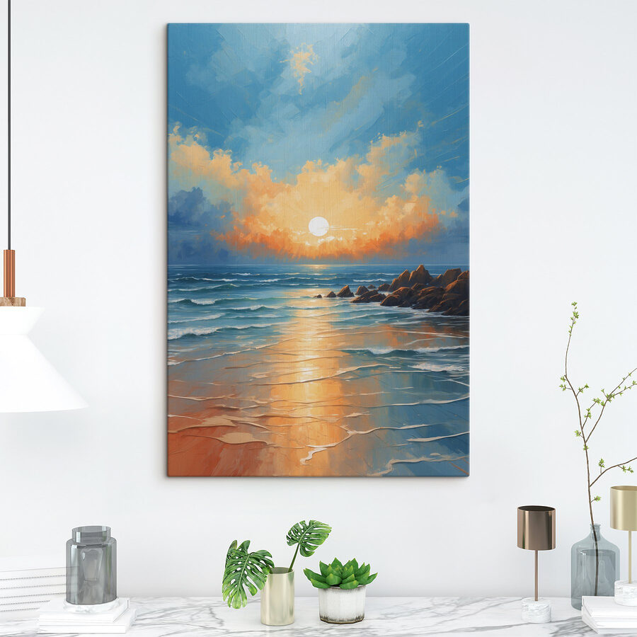 Gemälde eines Strandes mit Felsen und Wasser und der Sonne