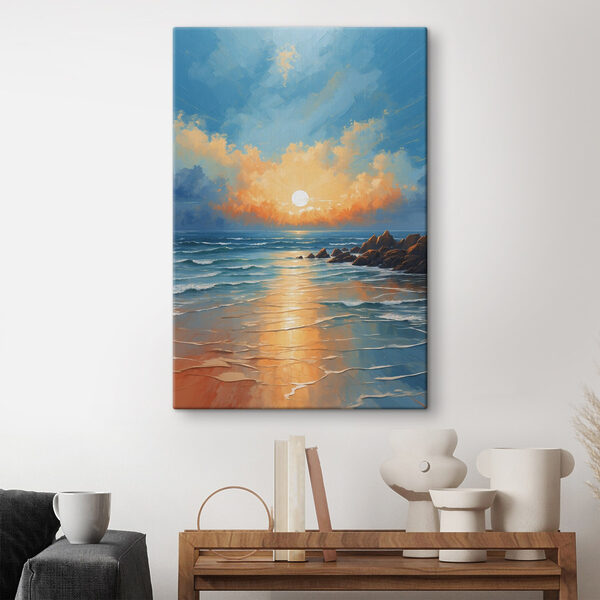 Gemälde eines Strandes mit Felsen und Wasser und der Sonne Gemälde eines Strandes mit Felsen und Wasser und der Sonne