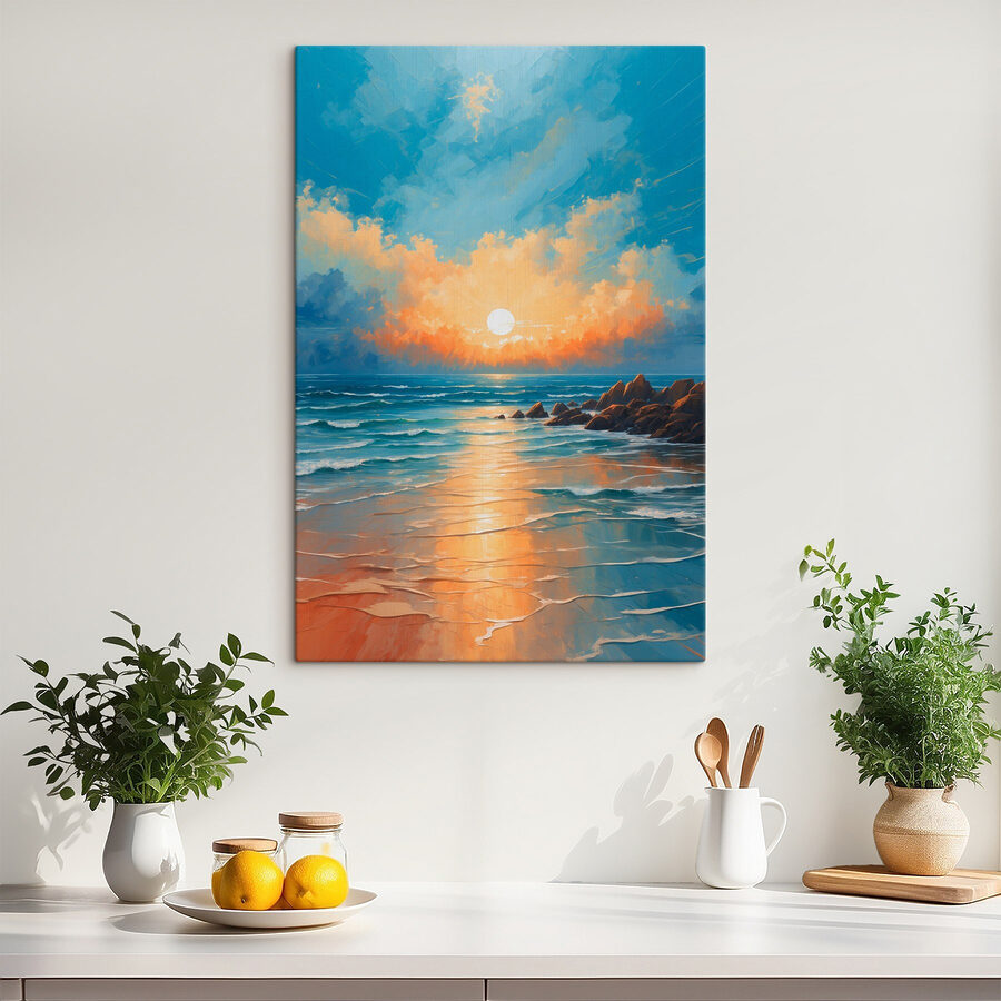 Gemälde eines Strandes mit Felsen und Wasser und der Sonne