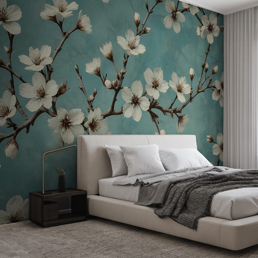 Tanzende Blüten vor blauem Hintergrund