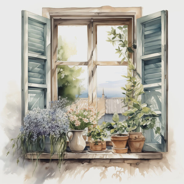 Aquarellmalerei eines Fensters mit Topfpflanzen Aquarellmalerei eines Fensters mit Topfpflanzen