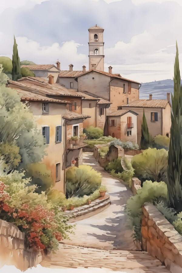 Aquarellmalerei eines Dorfes Aquarellmalerei eines Dorfes