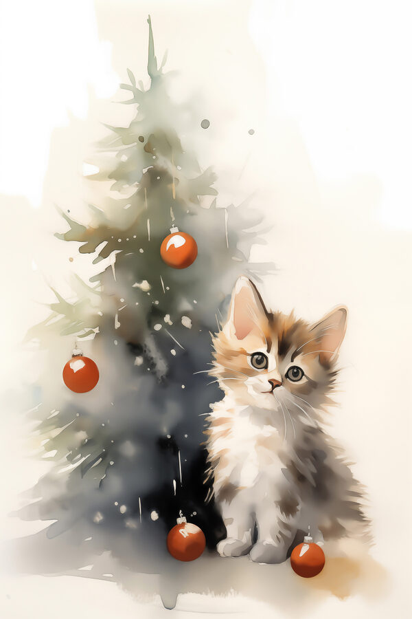Katze neben einem Weihnachtsbaum Katze neben einem Weihnachtsbaum