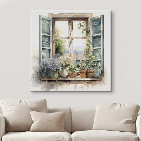Aquarellmalerei eines Fensters mit Topfpflanzen Aquarellmalerei eines Fensters mit Topfpflanzen