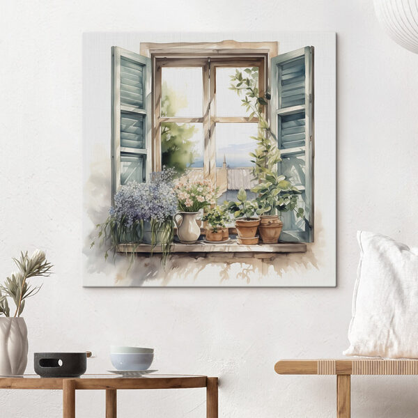 Aquarellmalerei eines Fensters mit Topfpflanzen Aquarellmalerei eines Fensters mit Topfpflanzen