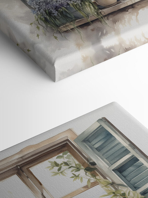 Aquarellmalerei eines Fensters mit Topfpflanzen Aquarellmalerei eines Fensters mit Topfpflanzen