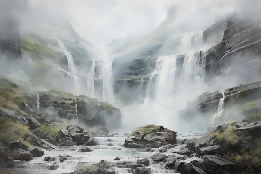 Wasserfall im nebligen Gebirge