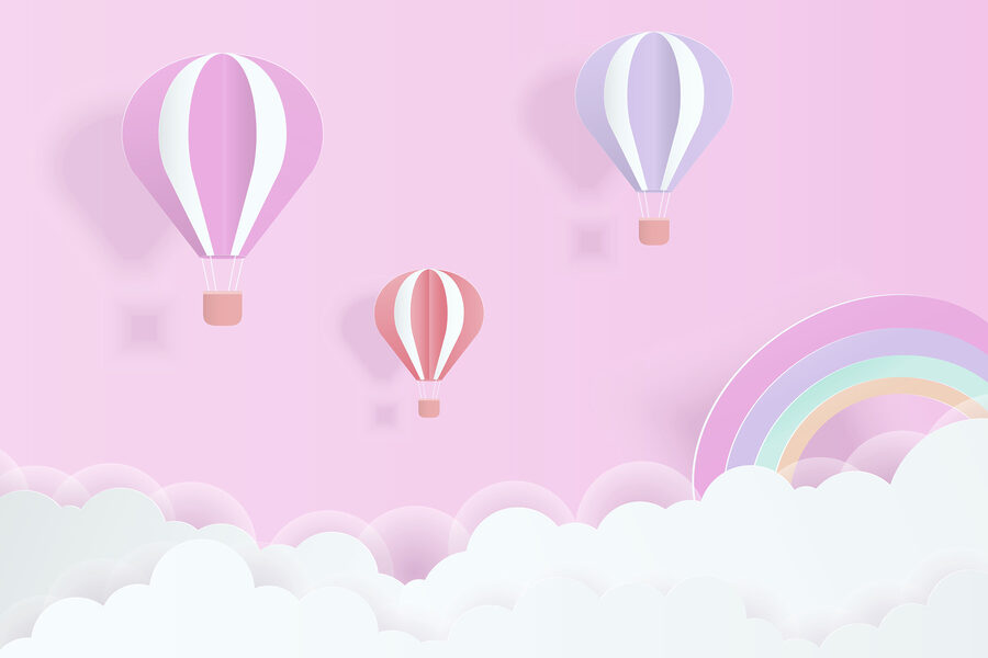 Rosa Hintergrund mit Luftballons und einem Regenbogen