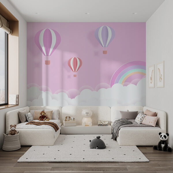 Rosa Hintergrund mit Luftballons und einem Regenbogen Rosa Hintergrund mit Luftballons und einem Regenbogen