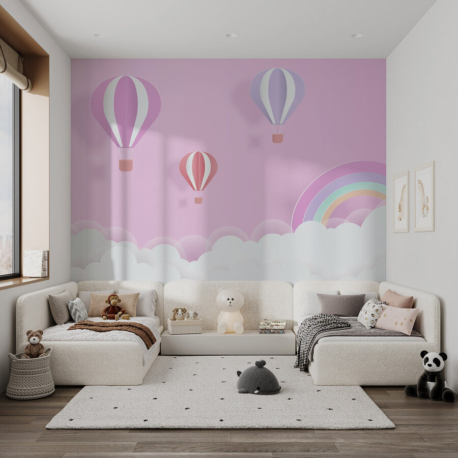 Rosa Hintergrund mit Luftballons und einem Regenbogen