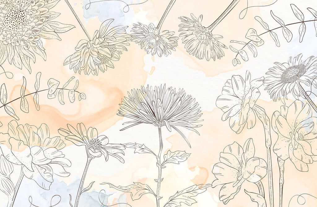 Zeichnung von Blumen auf einem Aquarellhintergrund Zeichnung von Blumen auf einem Aquarellhintergrund