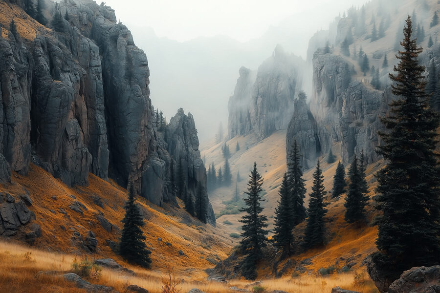 Felsige Berge mit Bäumen und Nebel Felsige Berge mit Bäumen und Nebel