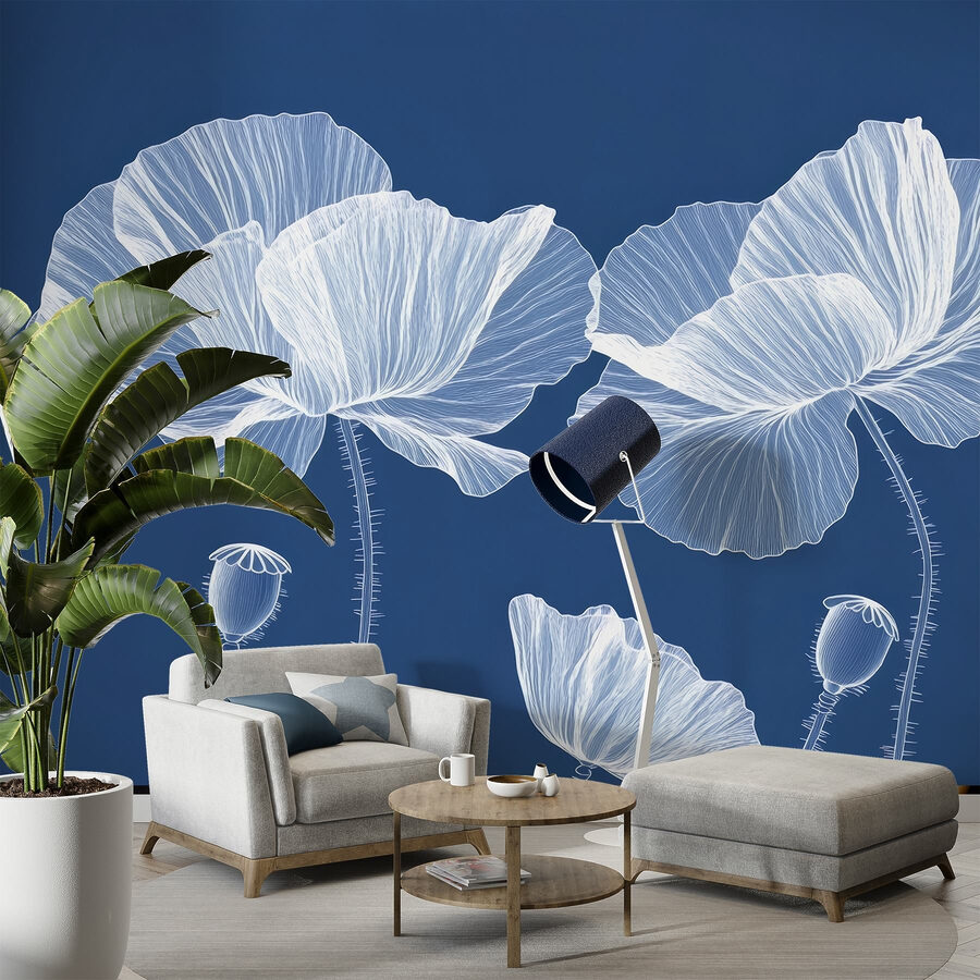 Weiße Blumen auf blauem Hintergrund