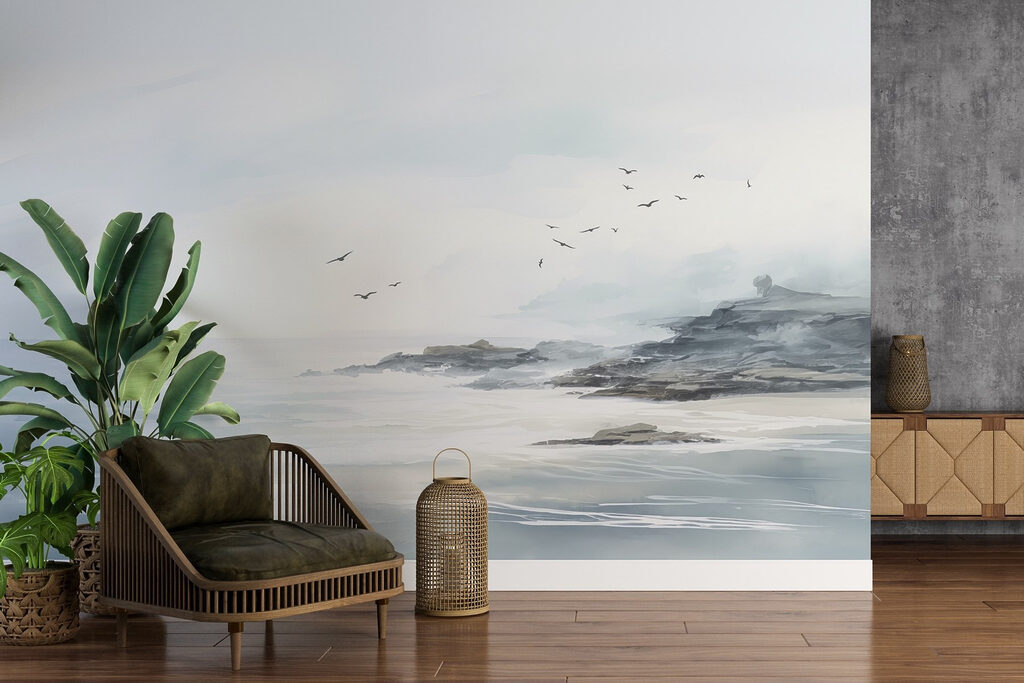 Birds flying over a rocky beach Birds flying over a rocky beach