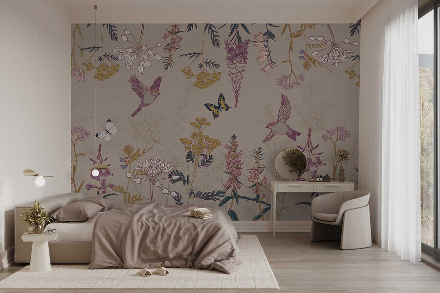 Tapete mit Vögeln und Blumen Tapete mit Vögeln und Blumen