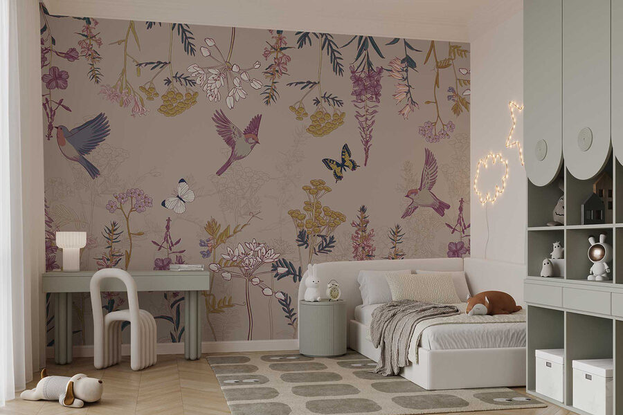 Tapete mit Vögeln und Blumen Tapete mit Vögeln und Blumen