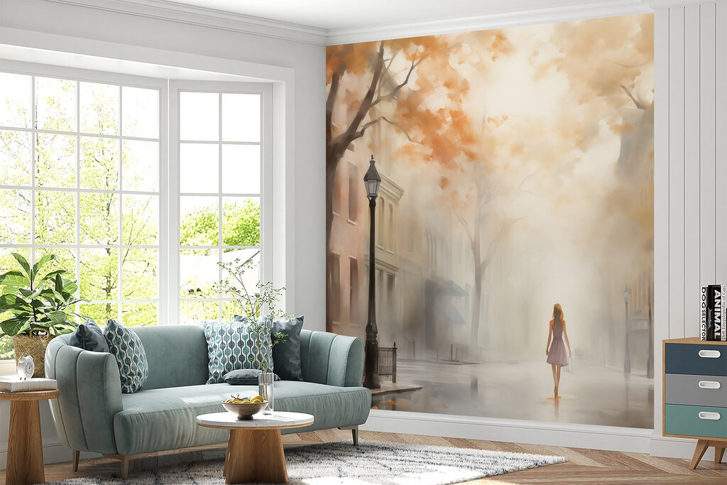 Woman walking down a street in the fog