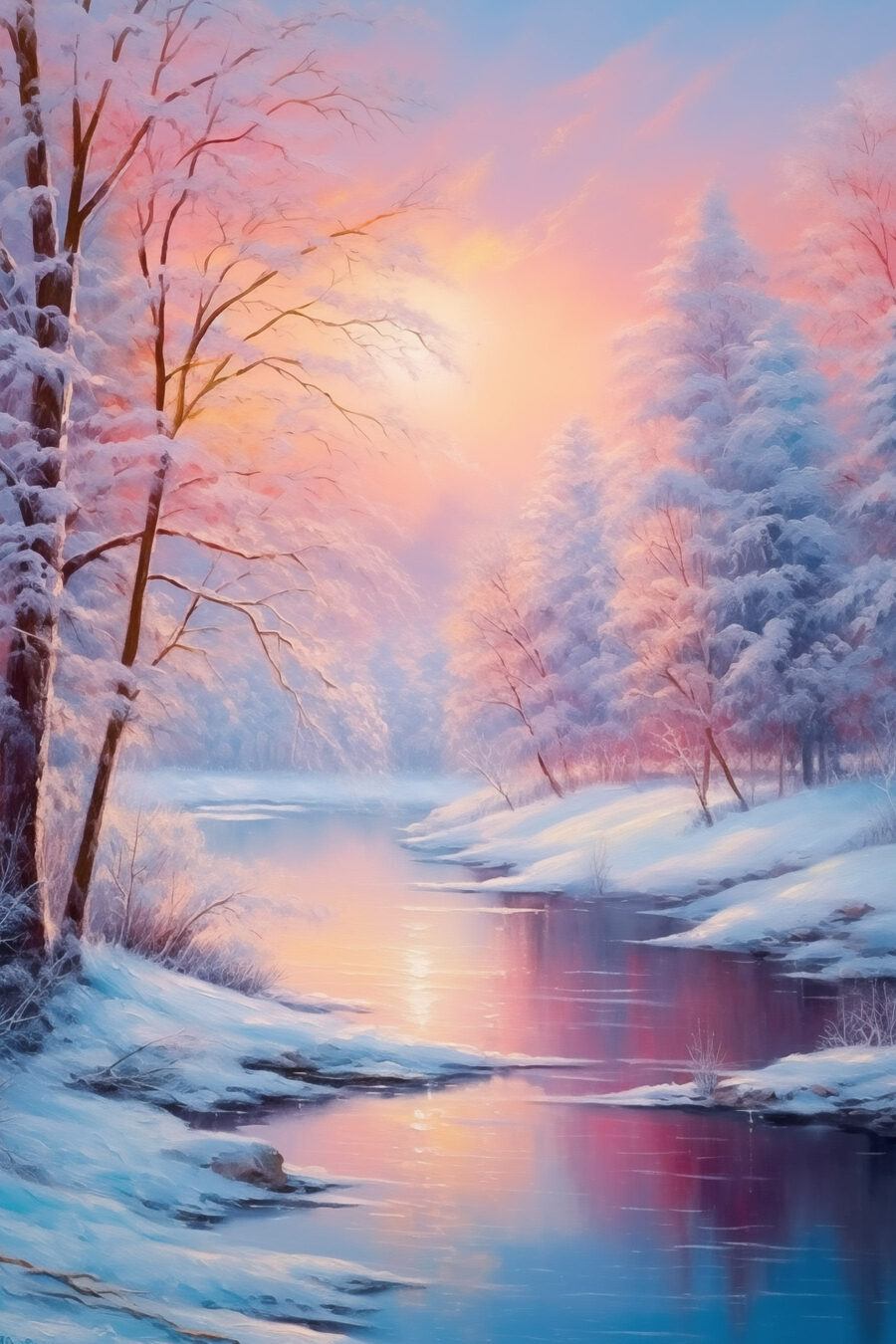 Fluss mit schneebedeckten Bäumen und einem rosa Sonnenuntergang