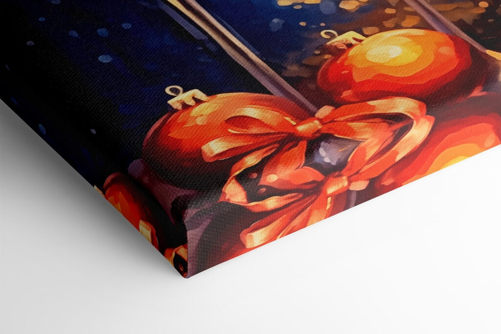 Painting of two champagne glasses next to a christmas tree