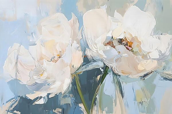 Gemälde mit Blumen auf blauem Hintergrund Gemälde mit Blumen auf blauem Hintergrund