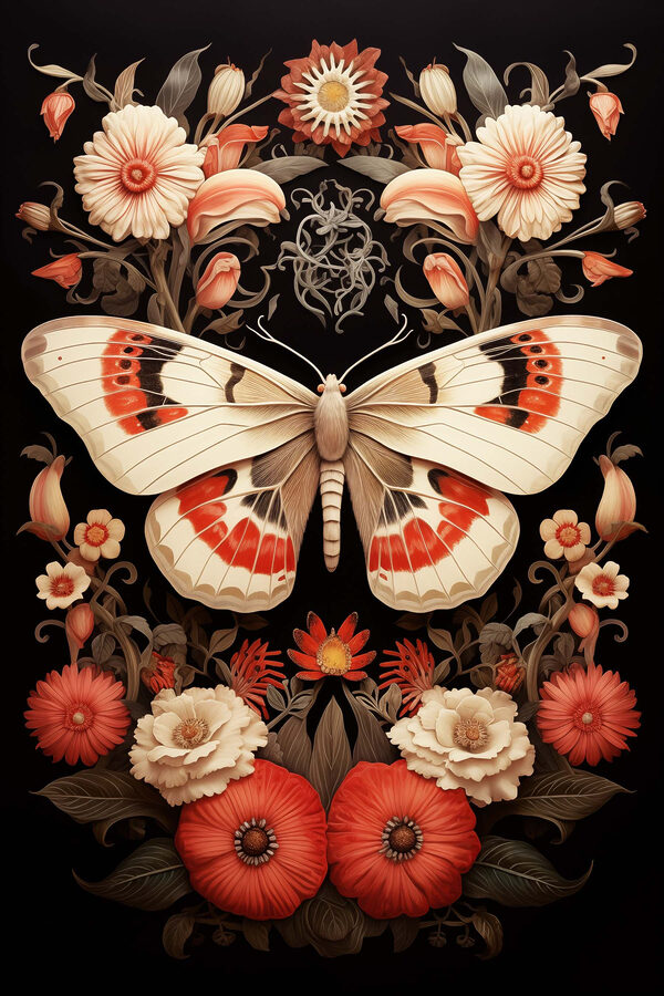 Schmetterling und Blumen auf einem schwarzen Hintergrund Schmetterling und Blumen auf einem schwarzen Hintergrund