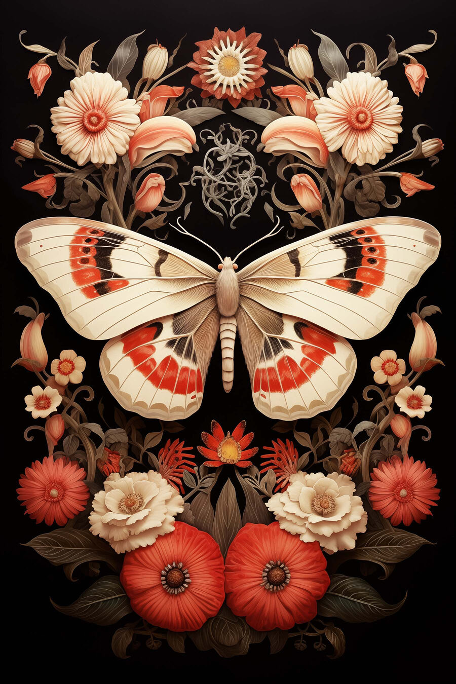 Schmetterling und Blumen auf einem schwarzen Hintergrund