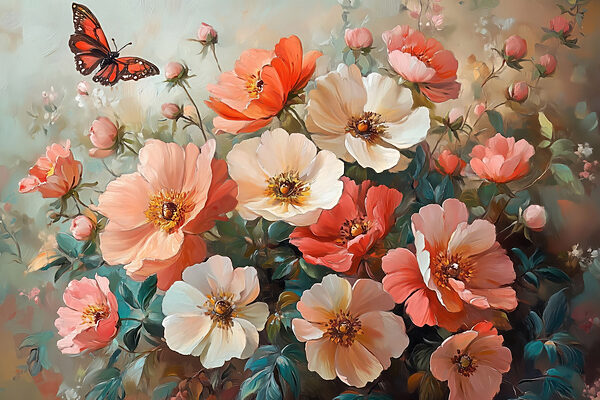Butterfly flying over a bouquet of flowers Butterfly flying over a bouquet of flowers