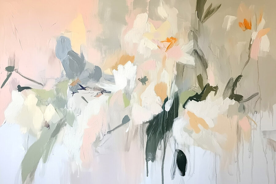 Gemälde mit Blumen an einer Wand