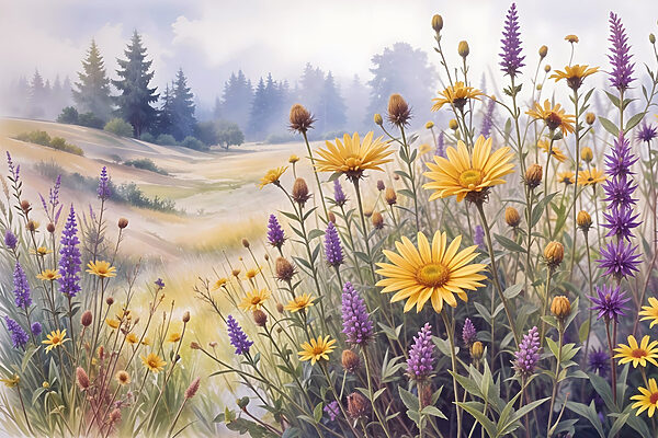 Feld mit Blumen und Gras Feld mit Blumen und Gras