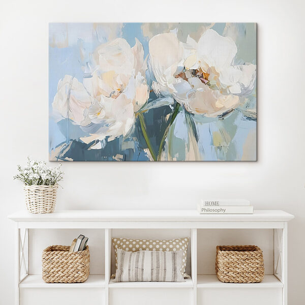 Gemälde mit Blumen auf blauem Hintergrund Gemälde mit Blumen auf blauem Hintergrund