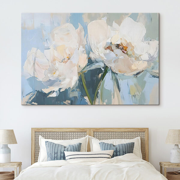 Gemälde mit Blumen auf blauem Hintergrund Gemälde mit Blumen auf blauem Hintergrund