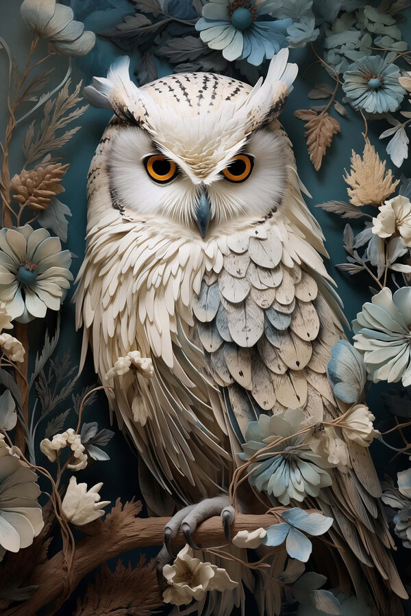 Weiße Eule mit gelben Augen und einem blauen Hintergrund mit Blumen Weiße Eule mit gelben Augen und einem blauen Hintergrund mit Blumen