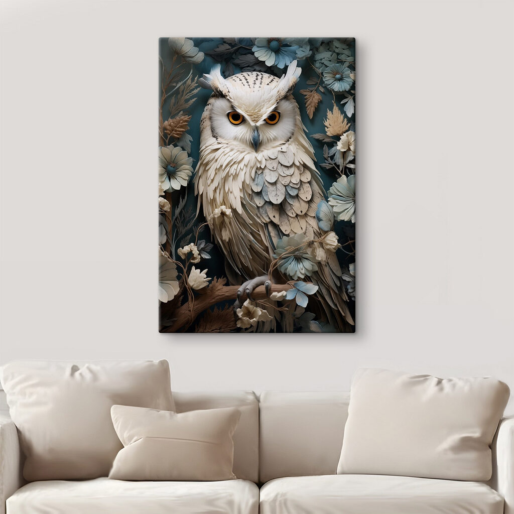White owl with yellow eyes and a blue background with flowers