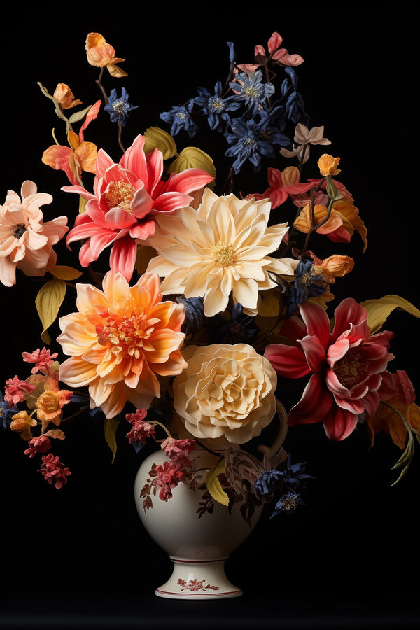 Vase mit Blumen auf schwarzem Hintergrund Vase mit Blumen auf schwarzem Hintergrund
