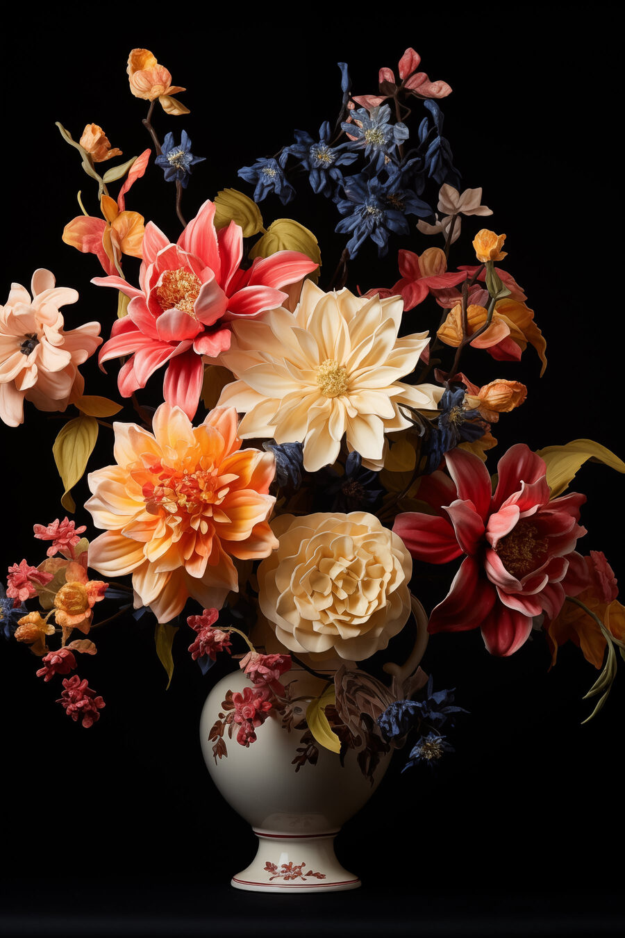 Vase mit Blumen auf schwarzem Hintergrund