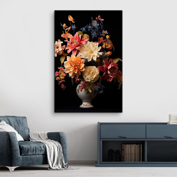 Vase mit Blumen auf schwarzem Hintergrund Vase mit Blumen auf schwarzem Hintergrund