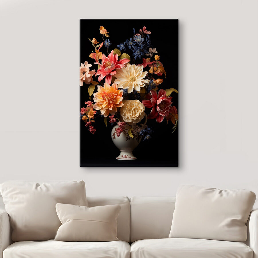 Vase mit Blumen auf schwarzem Hintergrund