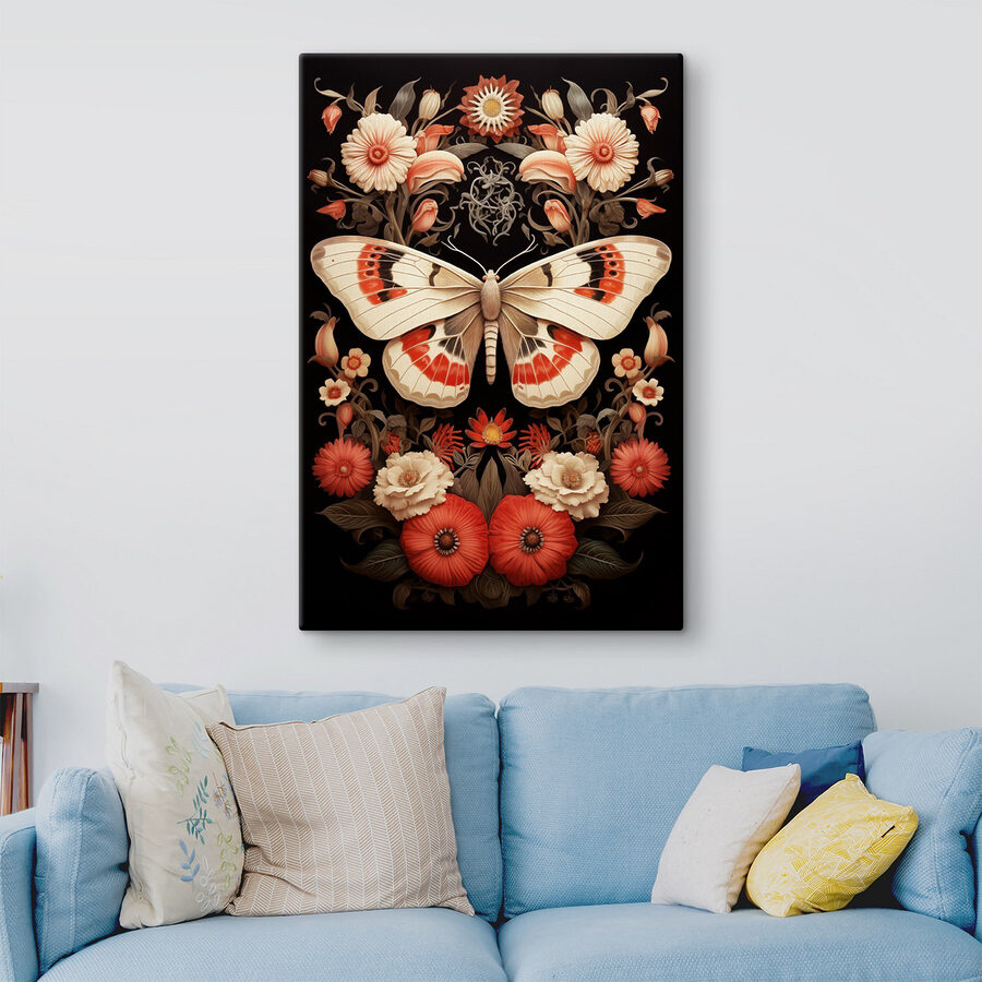 Schmetterling und Blumen auf einem schwarzen Hintergrund