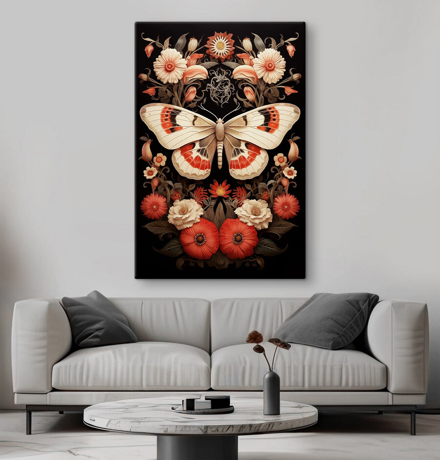 Schmetterling und Blumen auf einem schwarzen Hintergrund