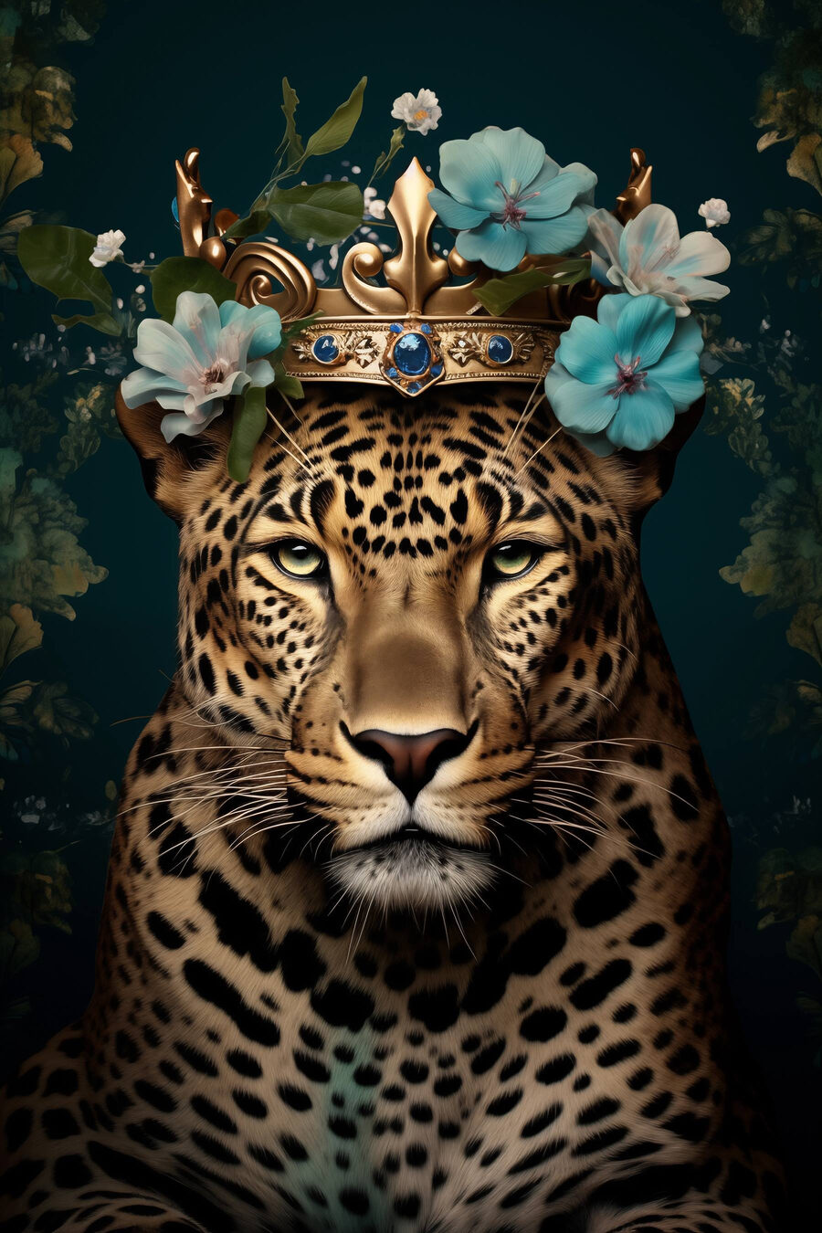 Leopard mit einer Krone und Blumen