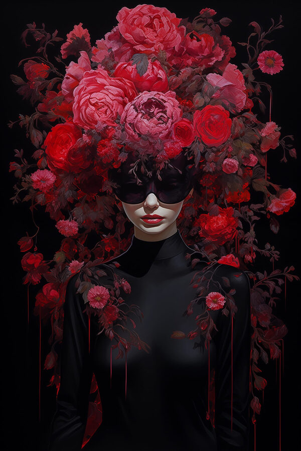 Frau mit einer Maske und Blumen auf dem Kopf Frau mit einer Maske und Blumen auf dem Kopf