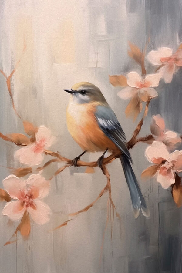Vogel auf einem Zweig mit Blumen Vogel auf einem Zweig mit Blumen