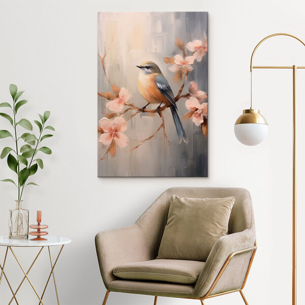 Vogel auf einem Zweig mit Blumen Vogel auf einem Zweig mit Blumen