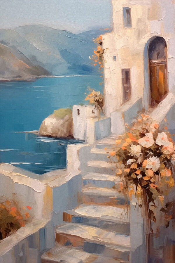 Painting of a house with flowers on the stairs